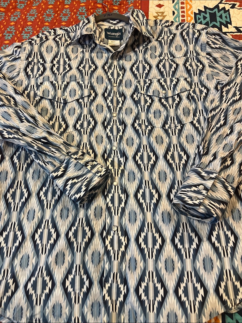 Wrangler Diamond Aztec Western Shirt - Blue & White